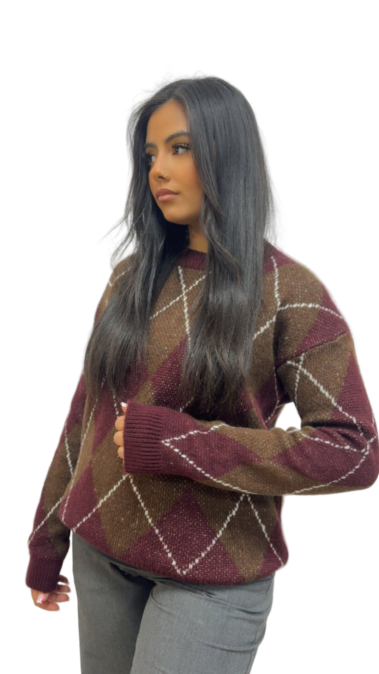 Pull MACADAM à carreaux bordeaux