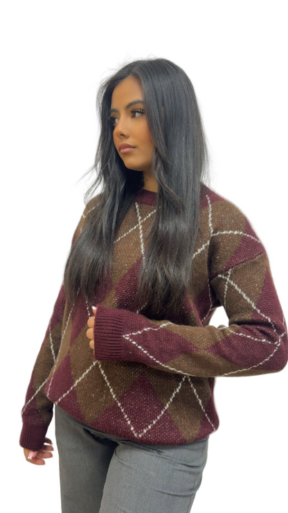 Pull MACADAM à carreaux bordeaux