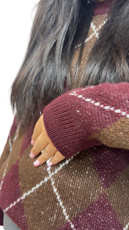 Pull MACADAM à carreaux bordeaux