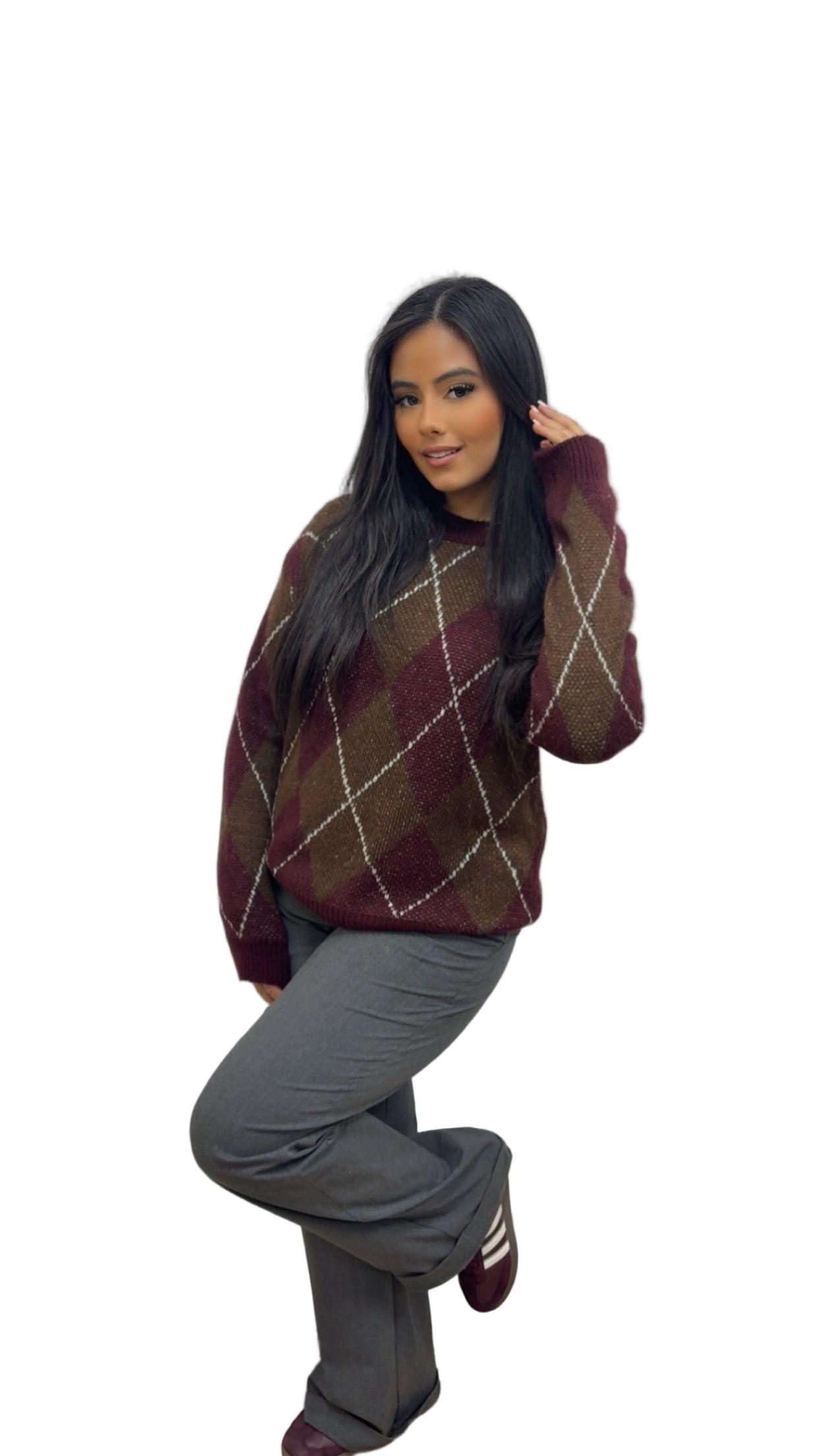 Pull MACADAM à carreaux bordeaux