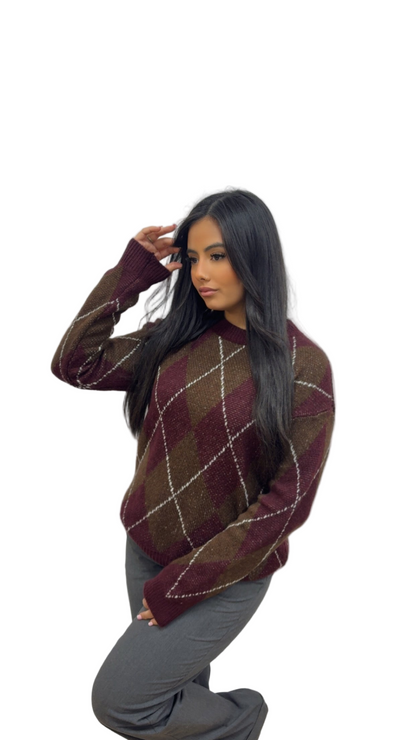 Pull MACADAM à carreaux bordeaux