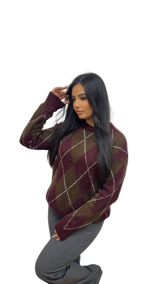 Pull MACADAM à carreaux bordeaux