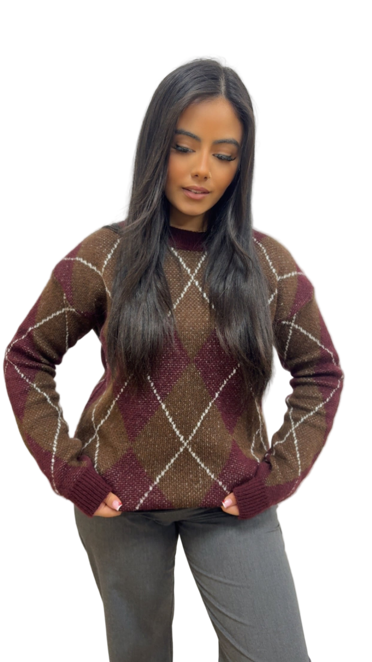 Pull MACADAM à carreaux bordeaux