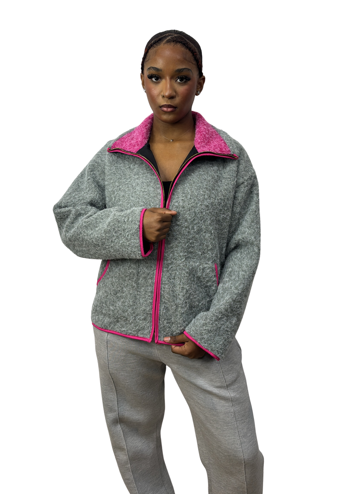 GILET POLAIRE TENDANCE GRIS-ROSE