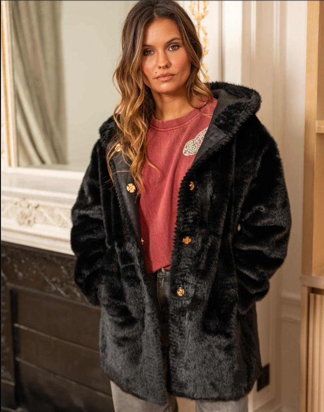 MANTEAU LONG FOURRURE GOLD&SILVER NOIRE